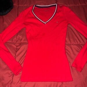 Tommy Hilfiger Women's Red V-Neck Long Sleeve Top with Striped Trim